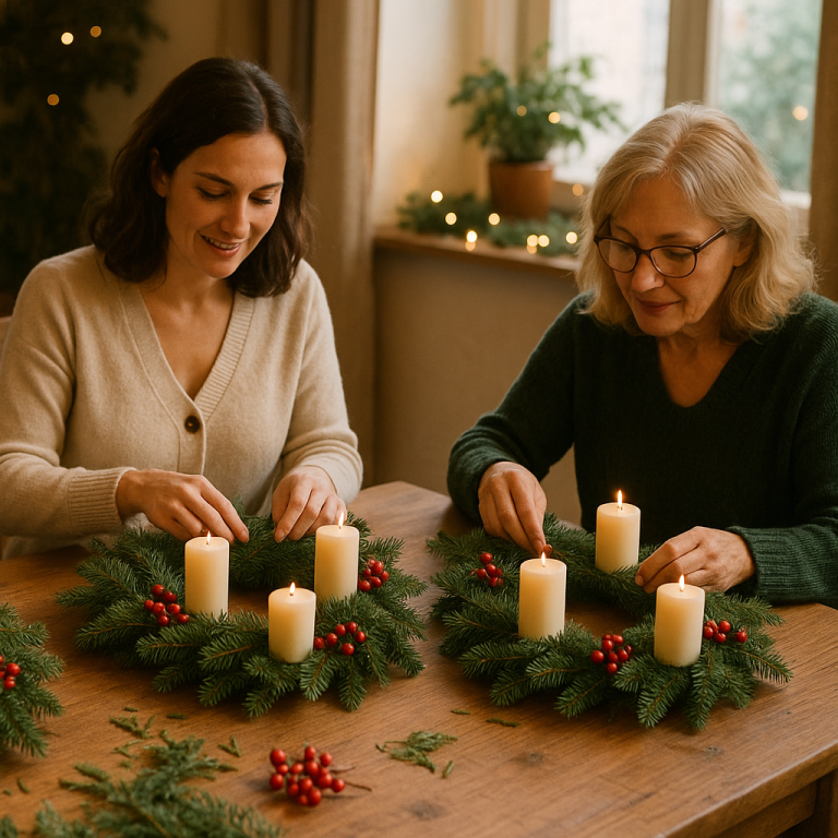 Tannenzweige mit rotem und goldenem Weihnachtsschmuck